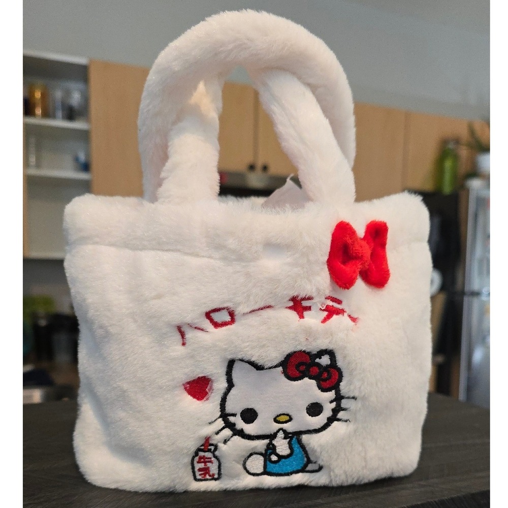 Sanrio Hello Kitty White Faux Fur Plush Tote Bag Kawaii Embroidered Red Bow